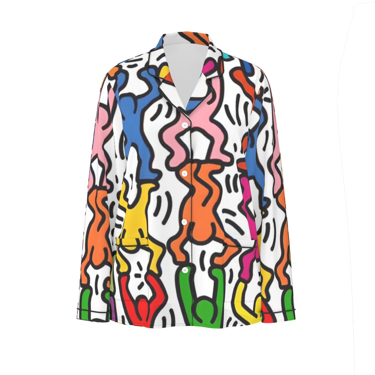 All-Over Print Women's Long Sleeve Pajama Set With Black Contrast Piping