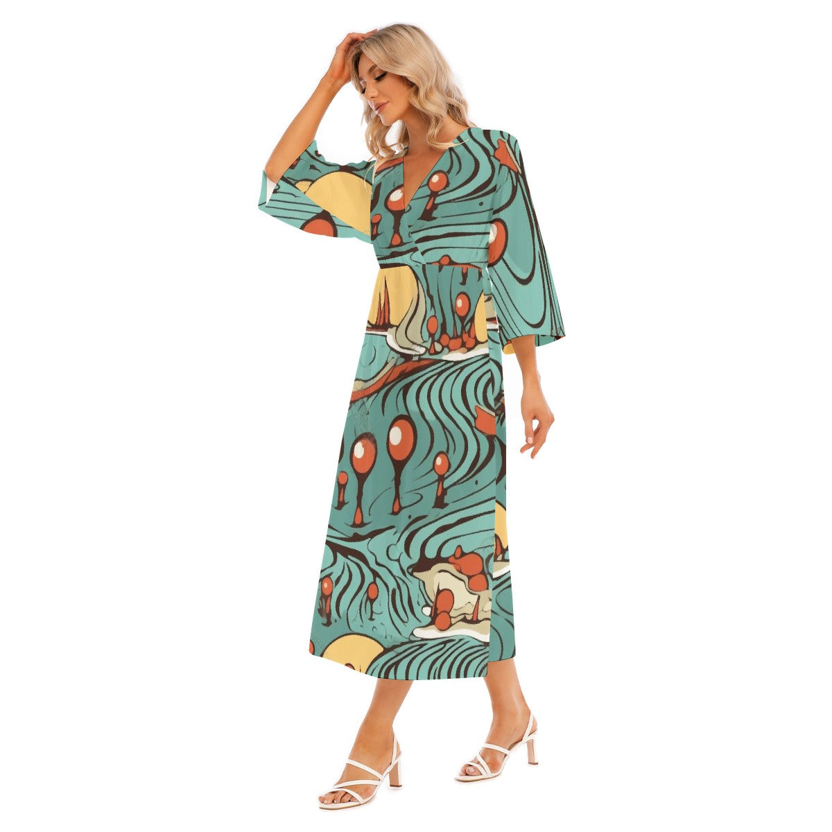 All-Over Print Women's Mid-Sleeve Long Dress