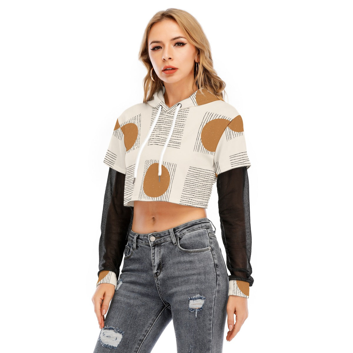 All-Over Print Women's Fake Two-piece Mesh Sleeve Cropped Hoodie