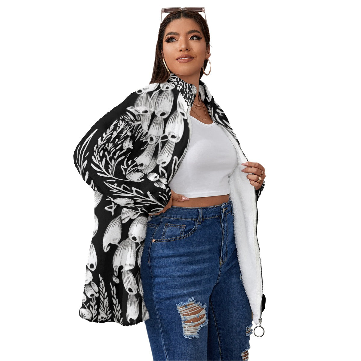 All-Over Print Unisex Borg Fleece Stand-up Collar Coat With Zipper Closure(Plus Size)