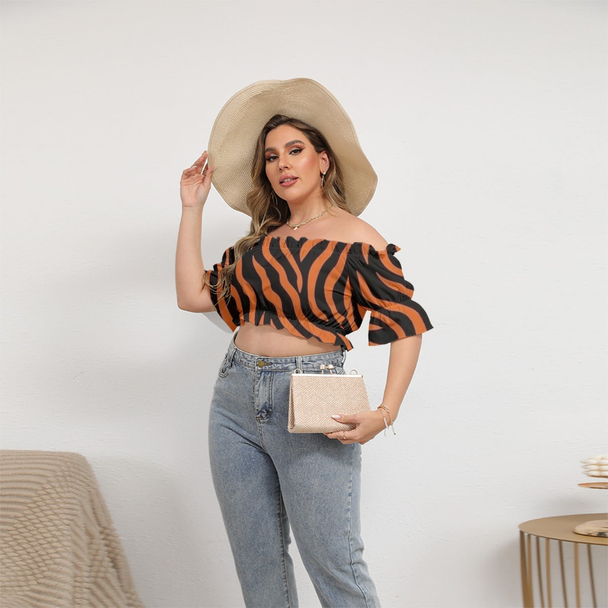All-Over Print Women's Off-shoulder Cropped Top With Short Puff Sleeve