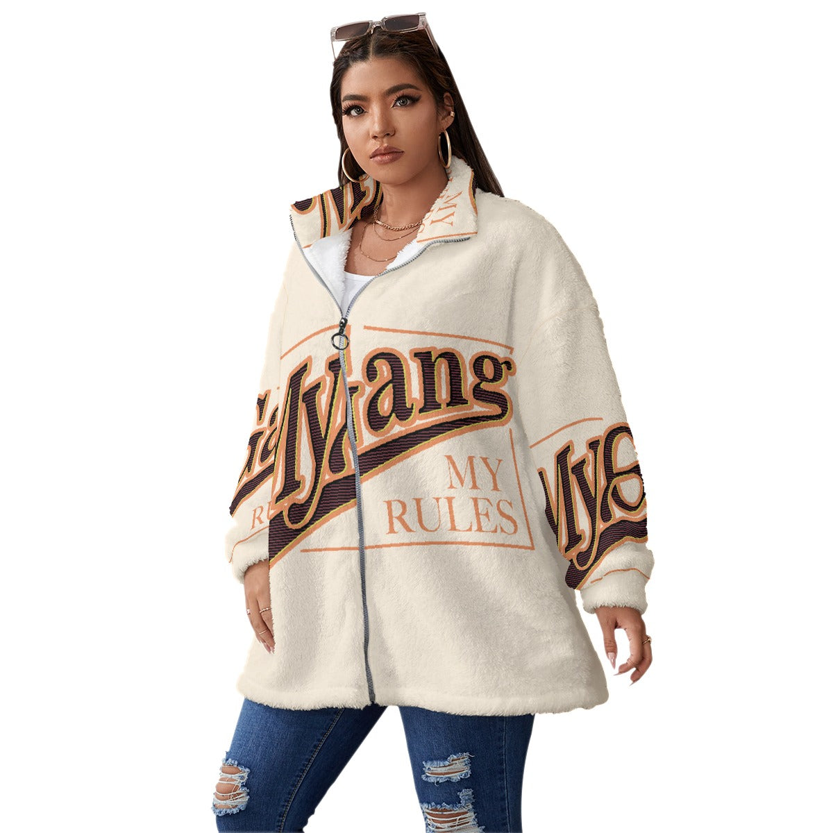 All-Over Print Unisex Borg Fleece Stand-up Collar Coat With Zipper Closure(Plus Size)