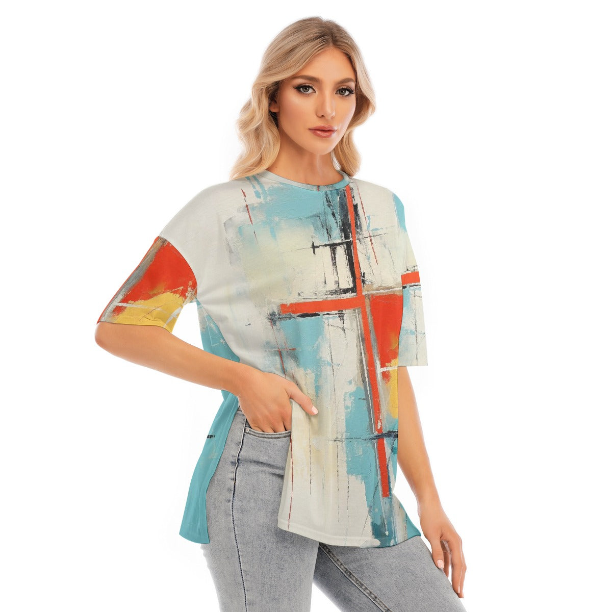 All-Over Print Women's Short Sleeves T-shirt With Hem Split