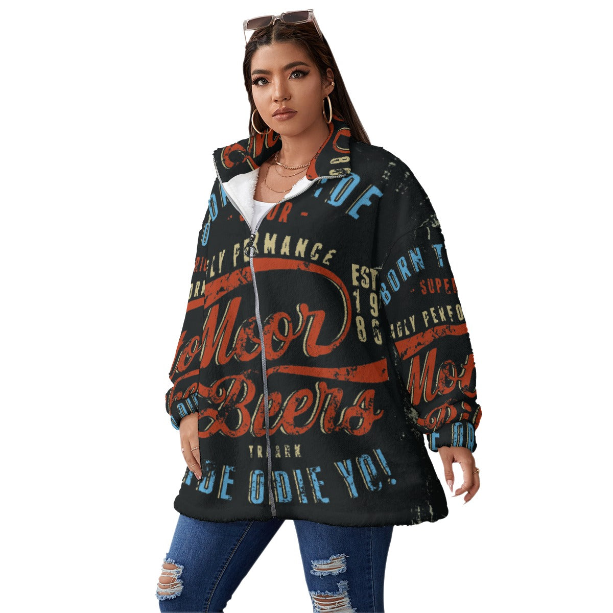 All-Over Print Unisex Borg Fleece Stand-up Collar Coat With Zipper Closure(Plus Size)