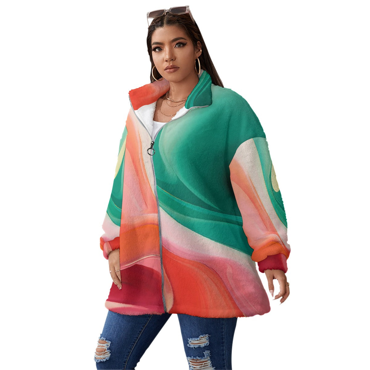 All-Over Print Unisex Borg Fleece Stand-up Collar Coat With Zipper Closure(Plus Size)