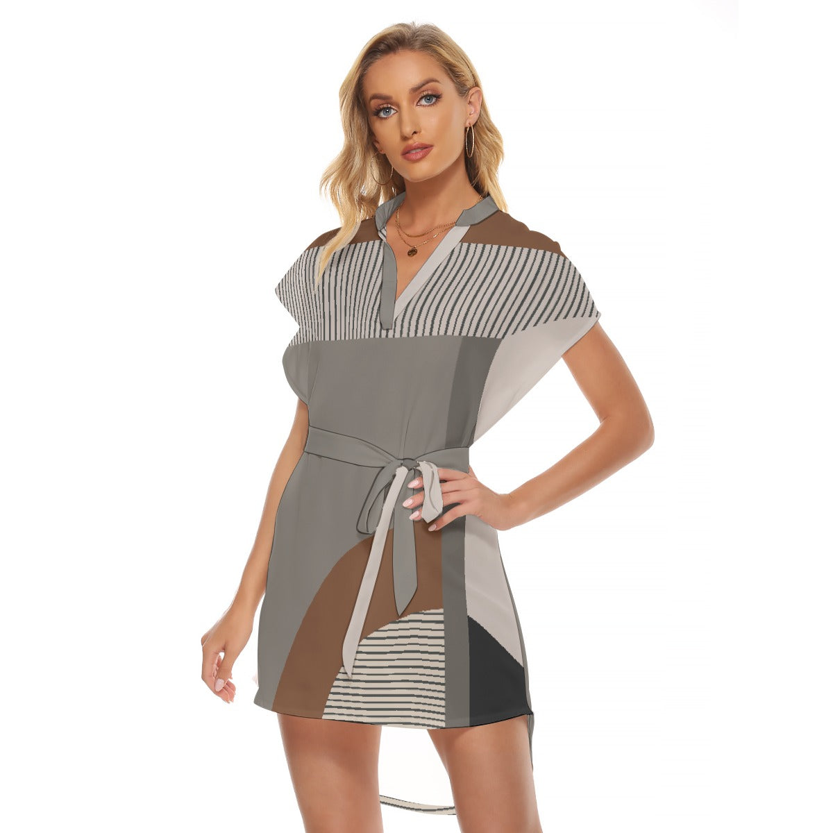 All-Over Print Women's Stand-up Collar Casual Dress With Belt