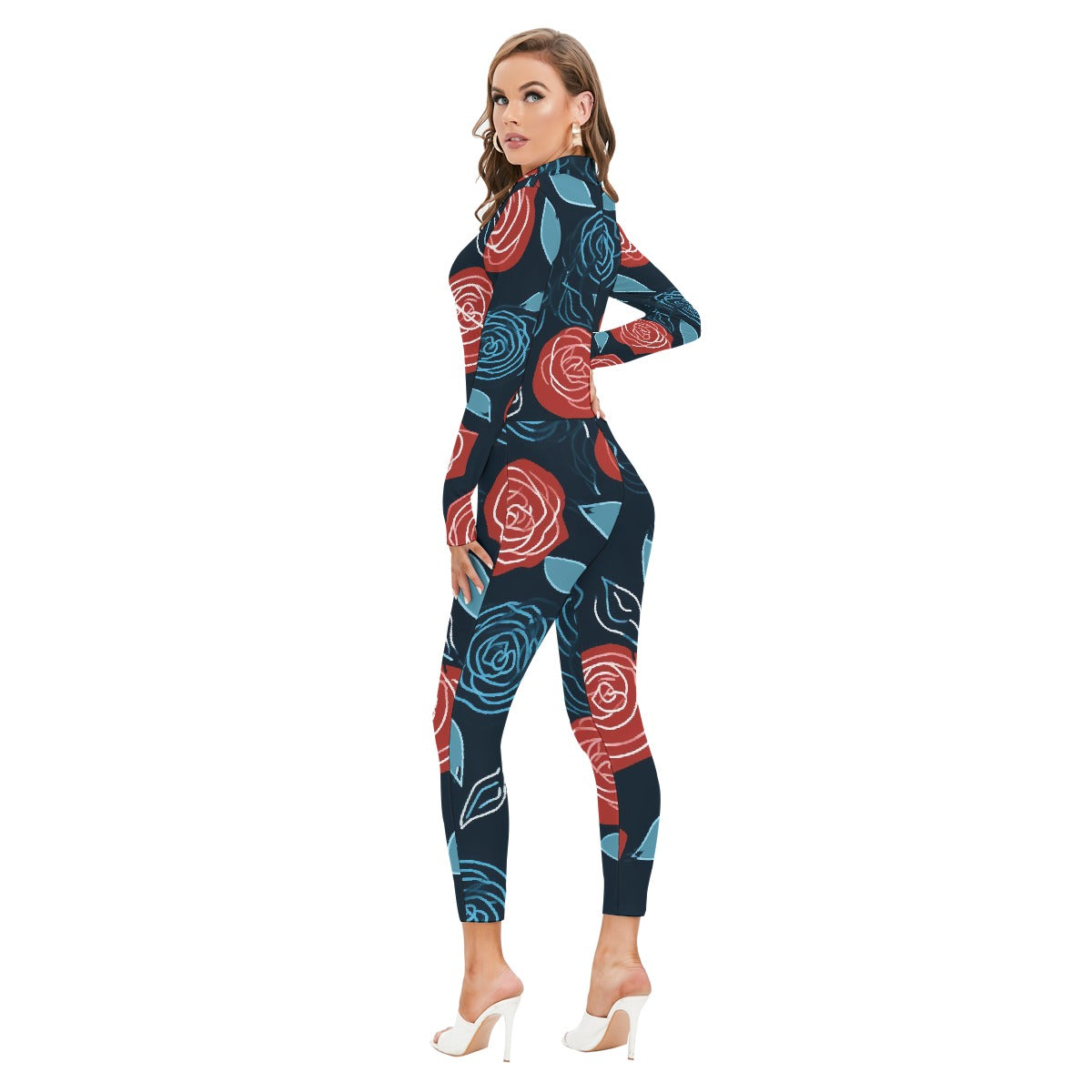 All-Over Print Women's Long-sleeved High-neck Jumpsuit With Zipper