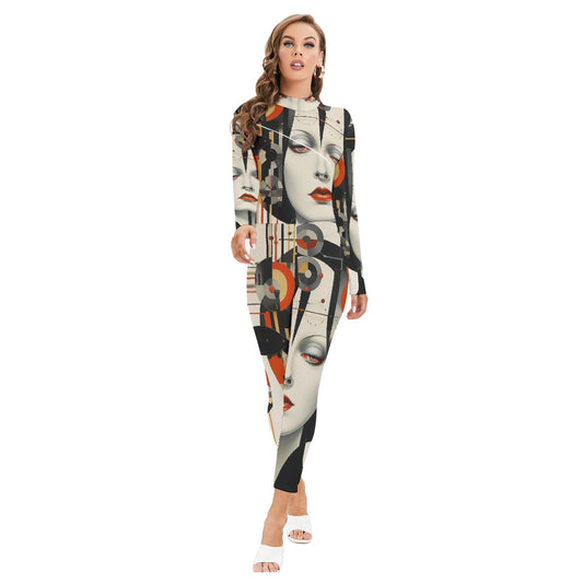 All-Over Print Women's Long-sleeved High-neck Jumpsuit With Zipper