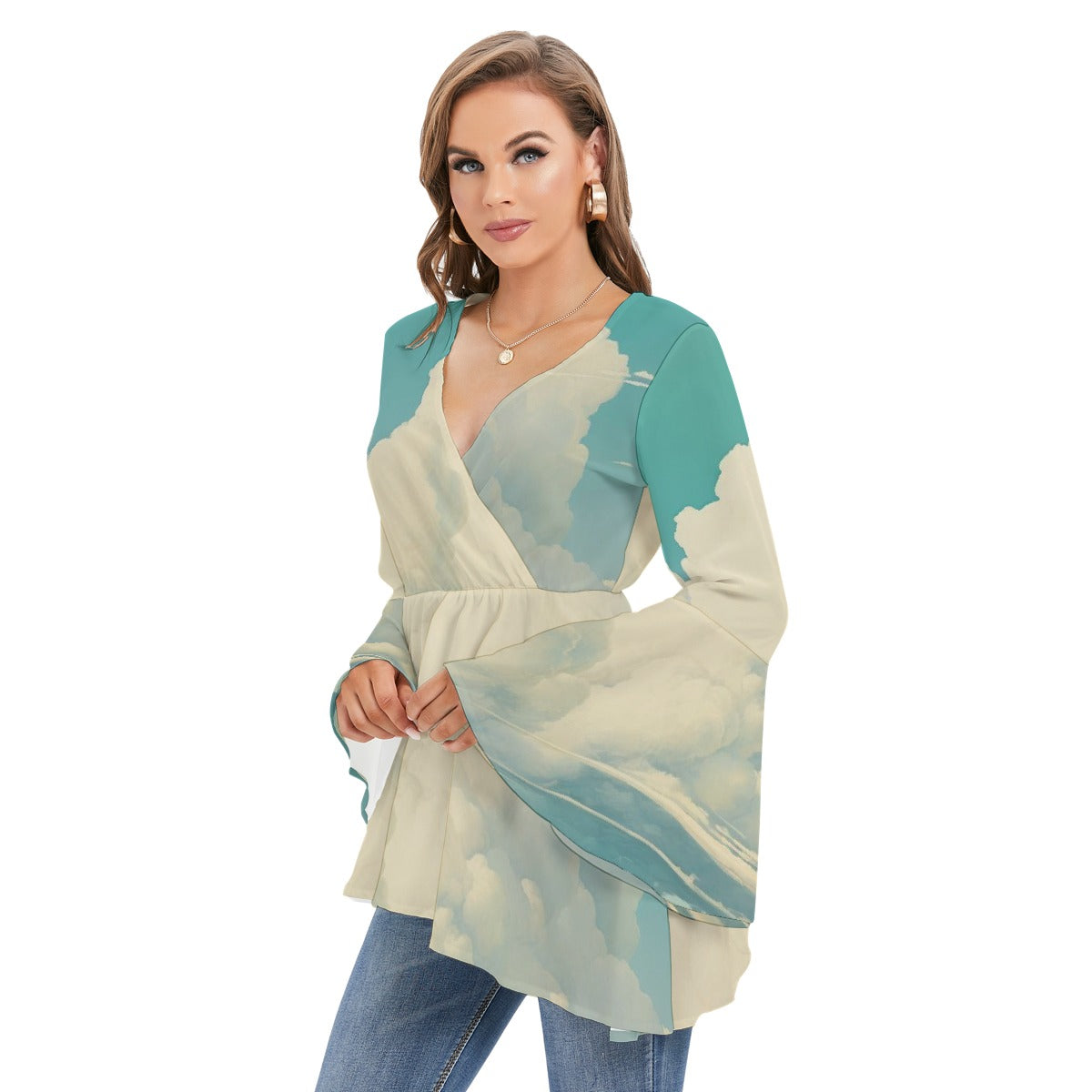 All-Over Print Women's V-neck Blouse With Flared Sleeves