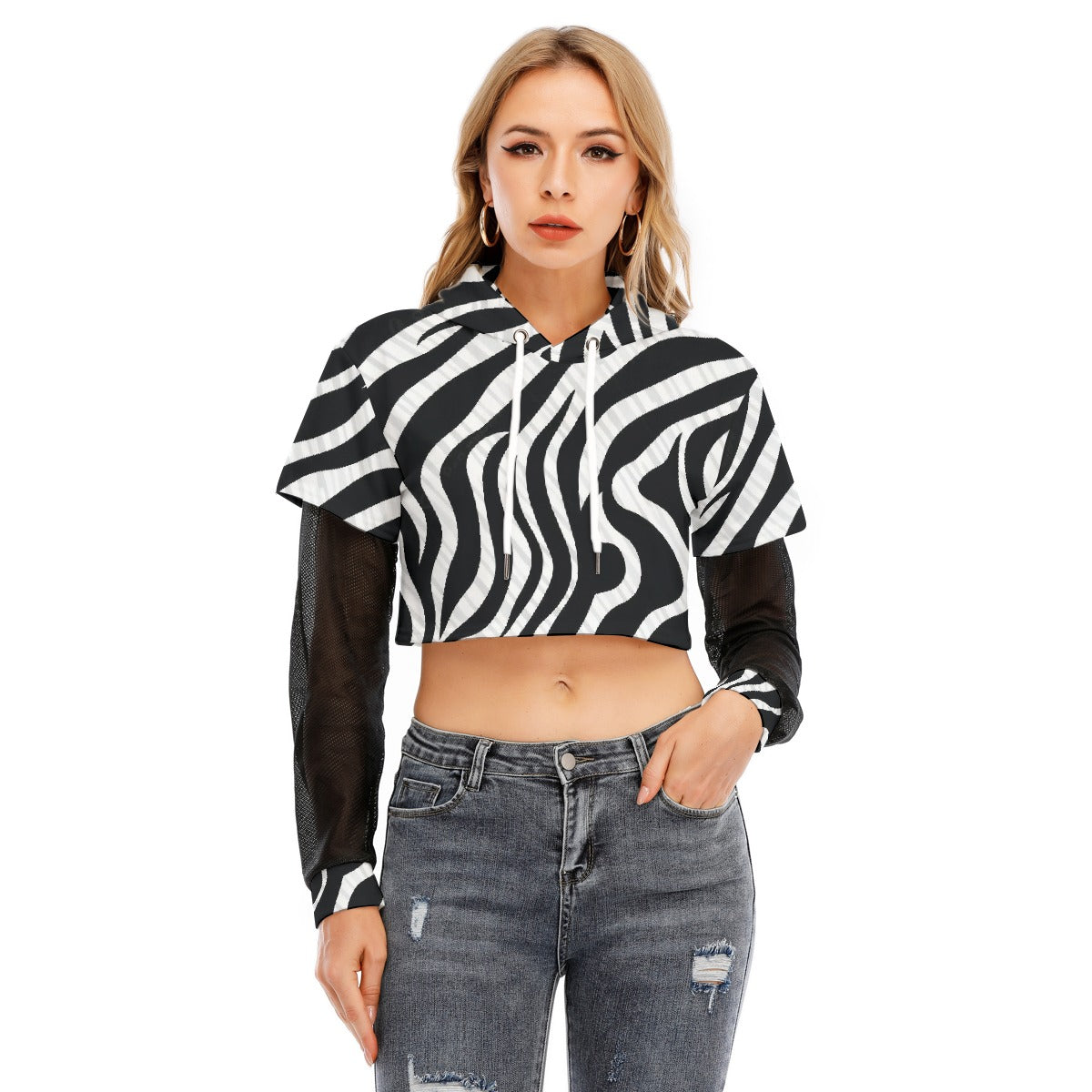 All-Over Print Women's Fake Two-piece Mesh Sleeve Cropped Hoodie