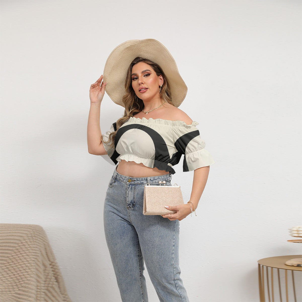 All-Over Print Women's Off-shoulder Cropped Top With Short Puff Sleeve