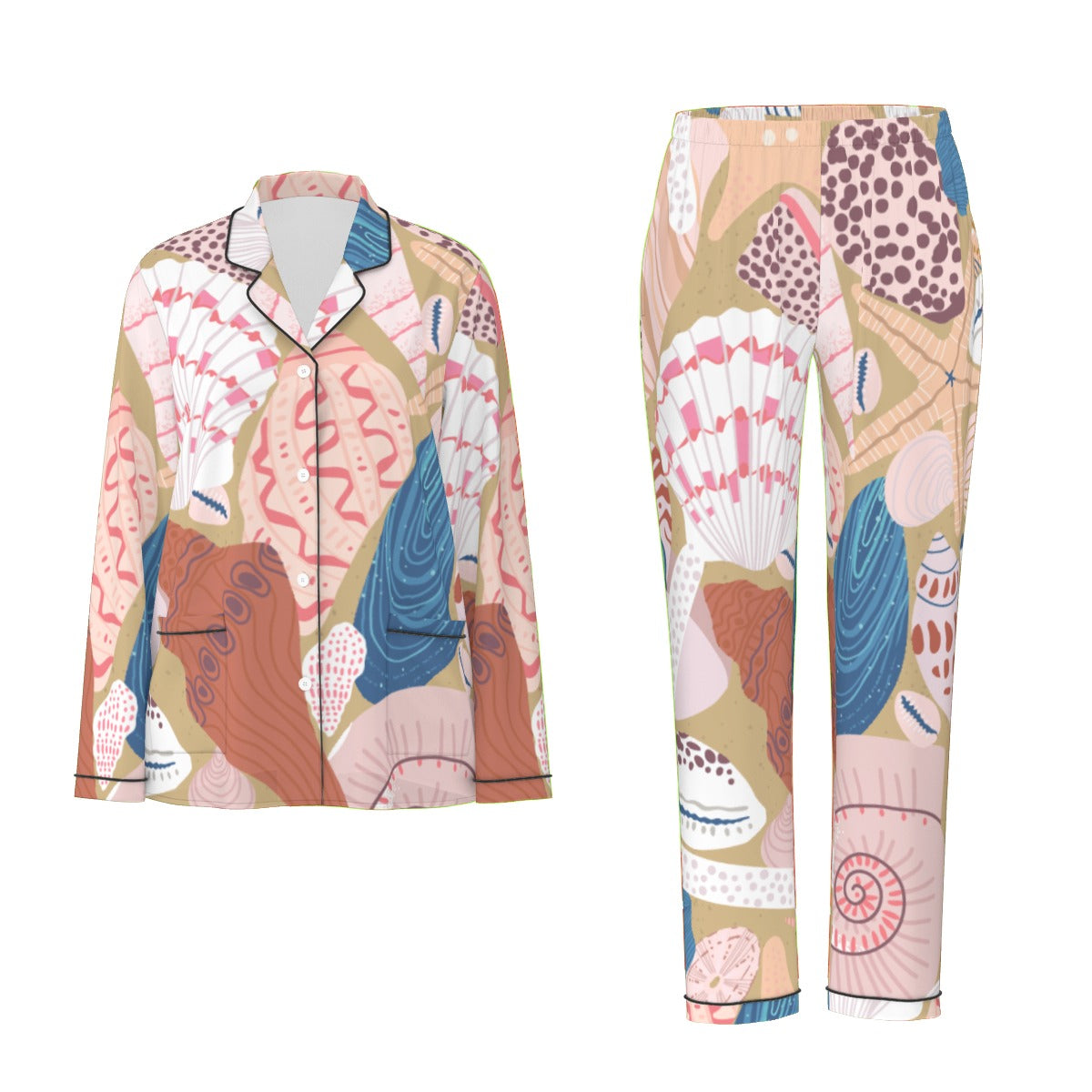 All-Over Print Women's Long Sleeve Pajama Set With Black Contrast Piping