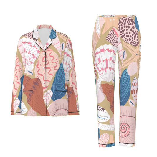 All-Over Print Women's Long Sleeve Pajama Set With Black Contrast Piping