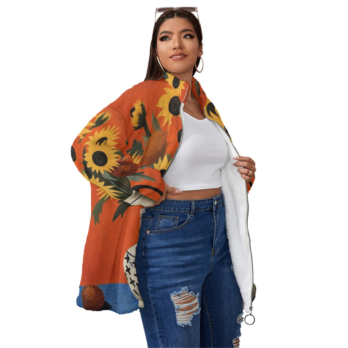 All-Over Print Unisex Borg Fleece Stand-up Collar Coat With Zipper Closure(Plus Size)