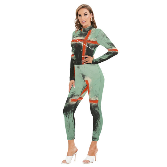 All-Over Print Women's Long-sleeved High-neck Jumpsuit With Zipper