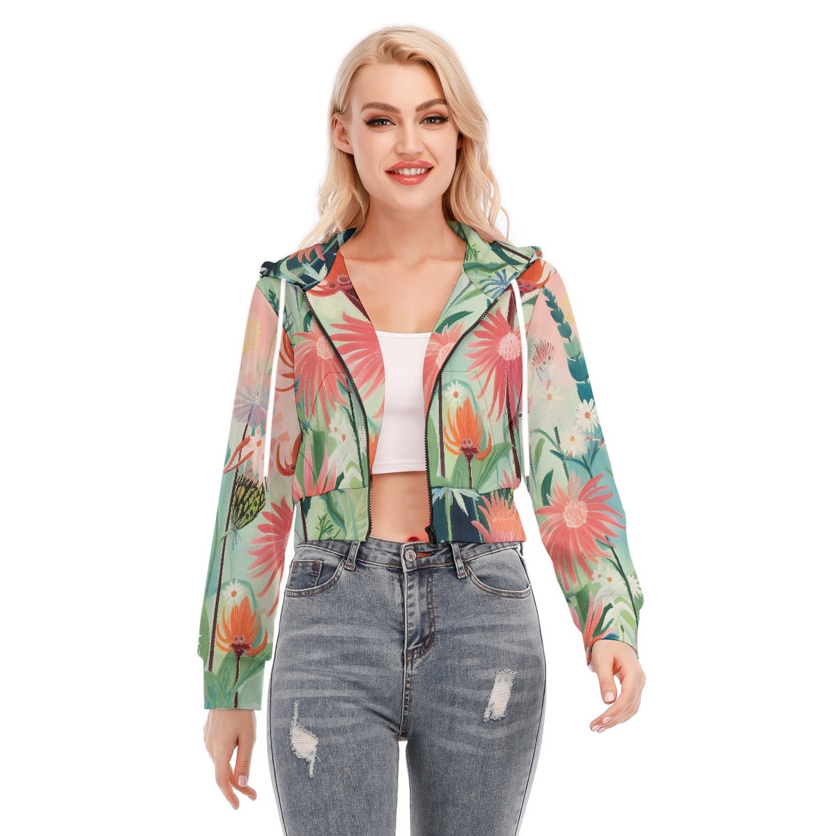 All-Over Print Women's Crop Top Hoodie With Zipper Closure