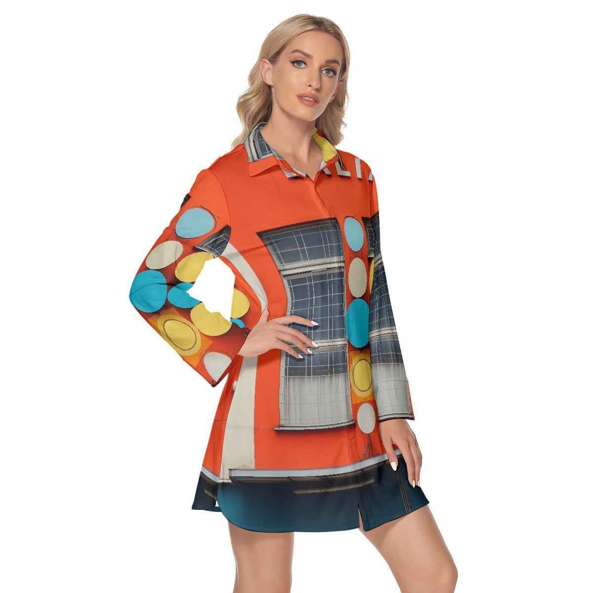 All-Over Print Women's Lapel Shirt Dress With Long Sleeve