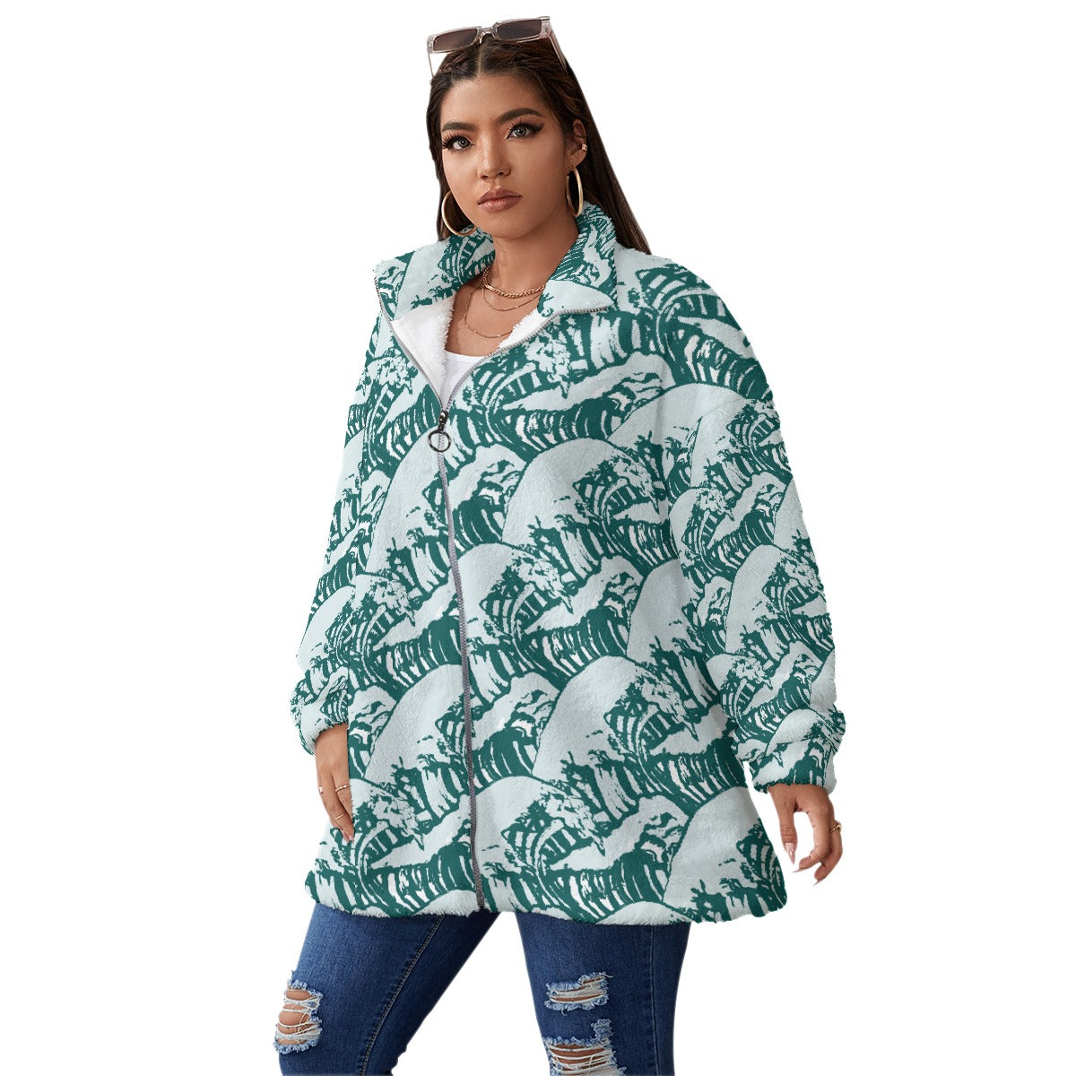 All-Over Print Unisex Borg Fleece Stand-up Collar Coat With Zipper Closure(Plus Size)
