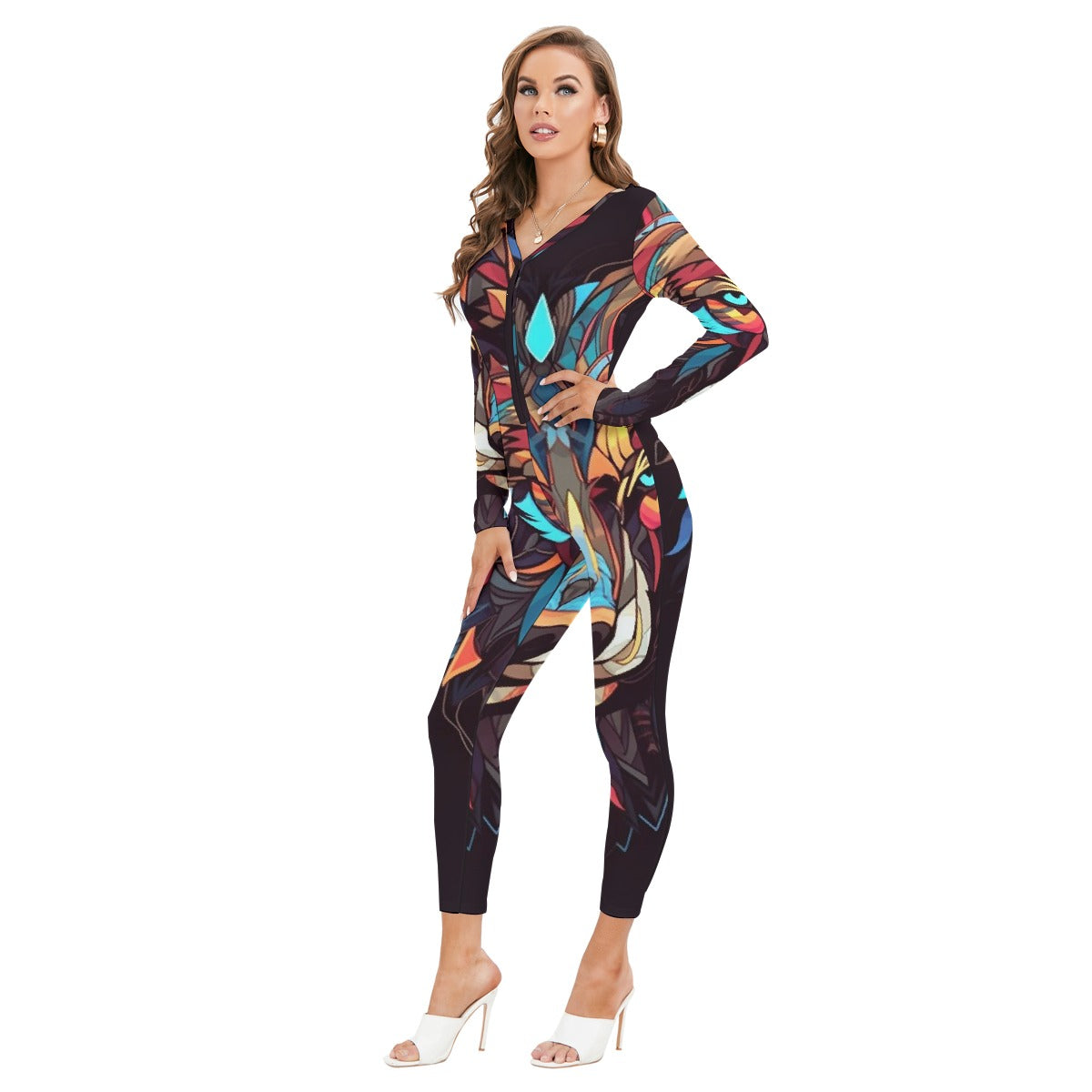 All-Over Print Women's Plunging Neck Jumpsuit