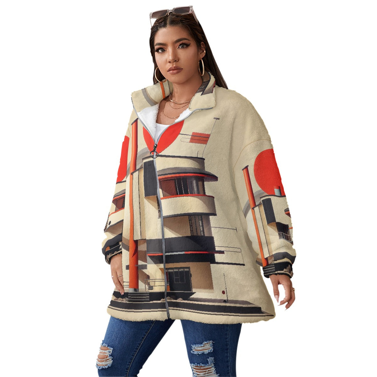 All-Over Print Unisex Borg Fleece Stand-up Collar Coat With Zipper Closure(Plus Size)
