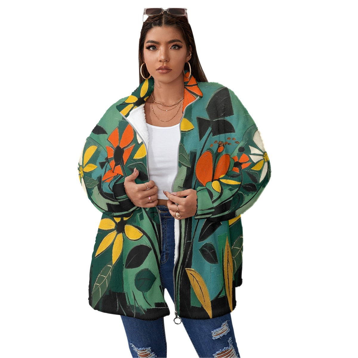 All-Over Print Unisex Borg Fleece Stand-up Collar Coat With Zipper Closure(Plus Size)