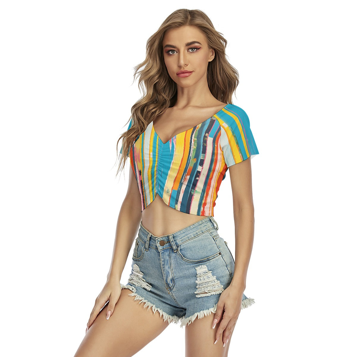 All-Over Print Women's Raglan Drawstring Front  Crop Tee