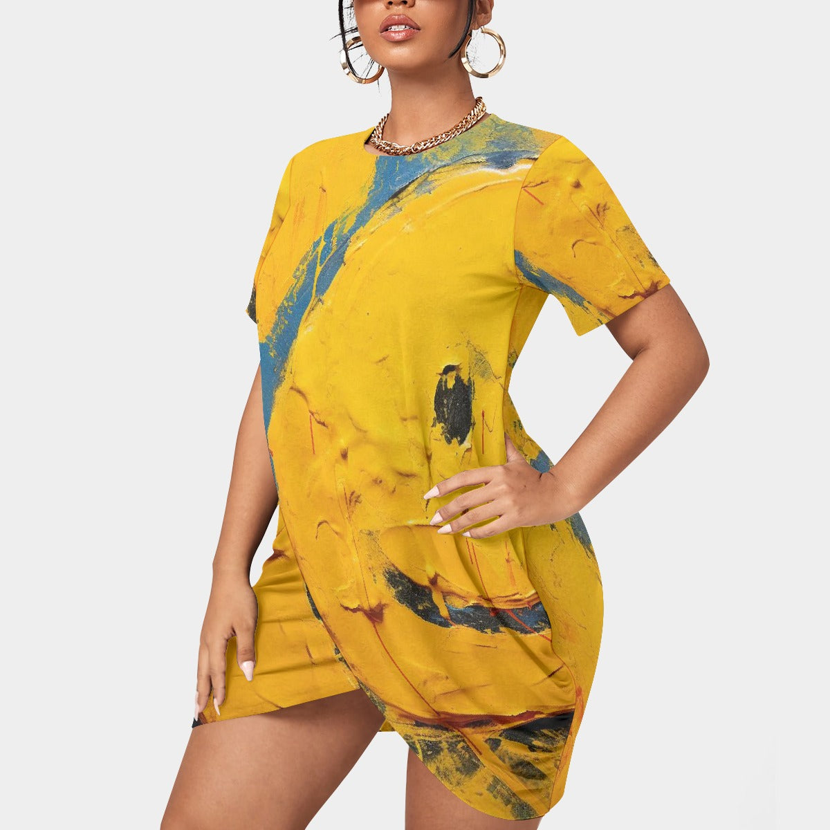 All-Over Print Women’s Stacked Hem Dress With Short Sleeve（Plus Size）