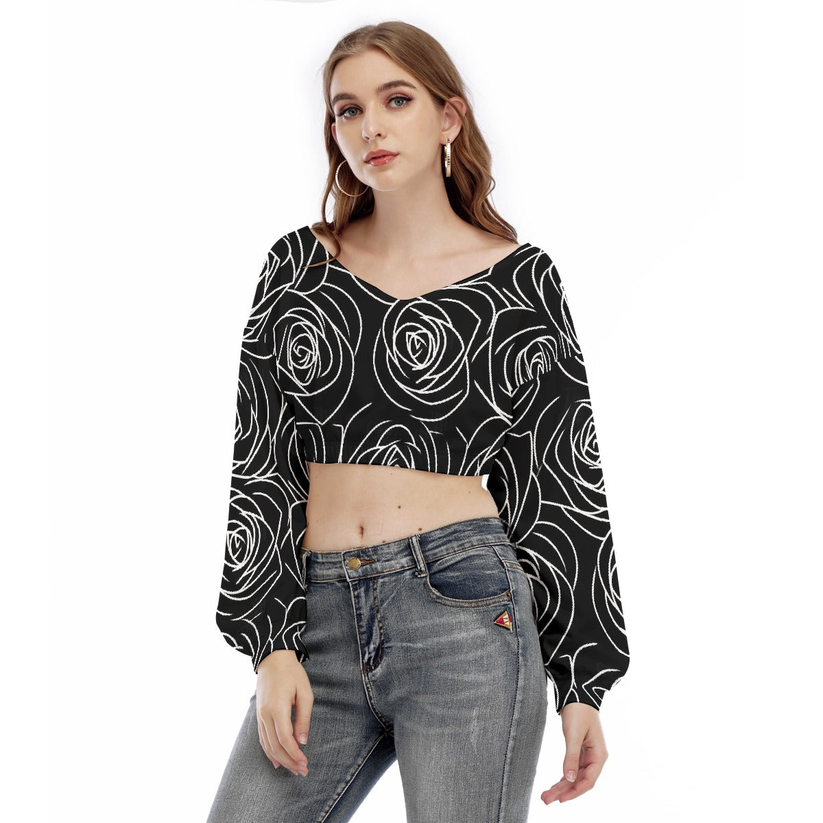 All-Over Print Women's V-neck Long Sleeve Cropped Sweatshirt