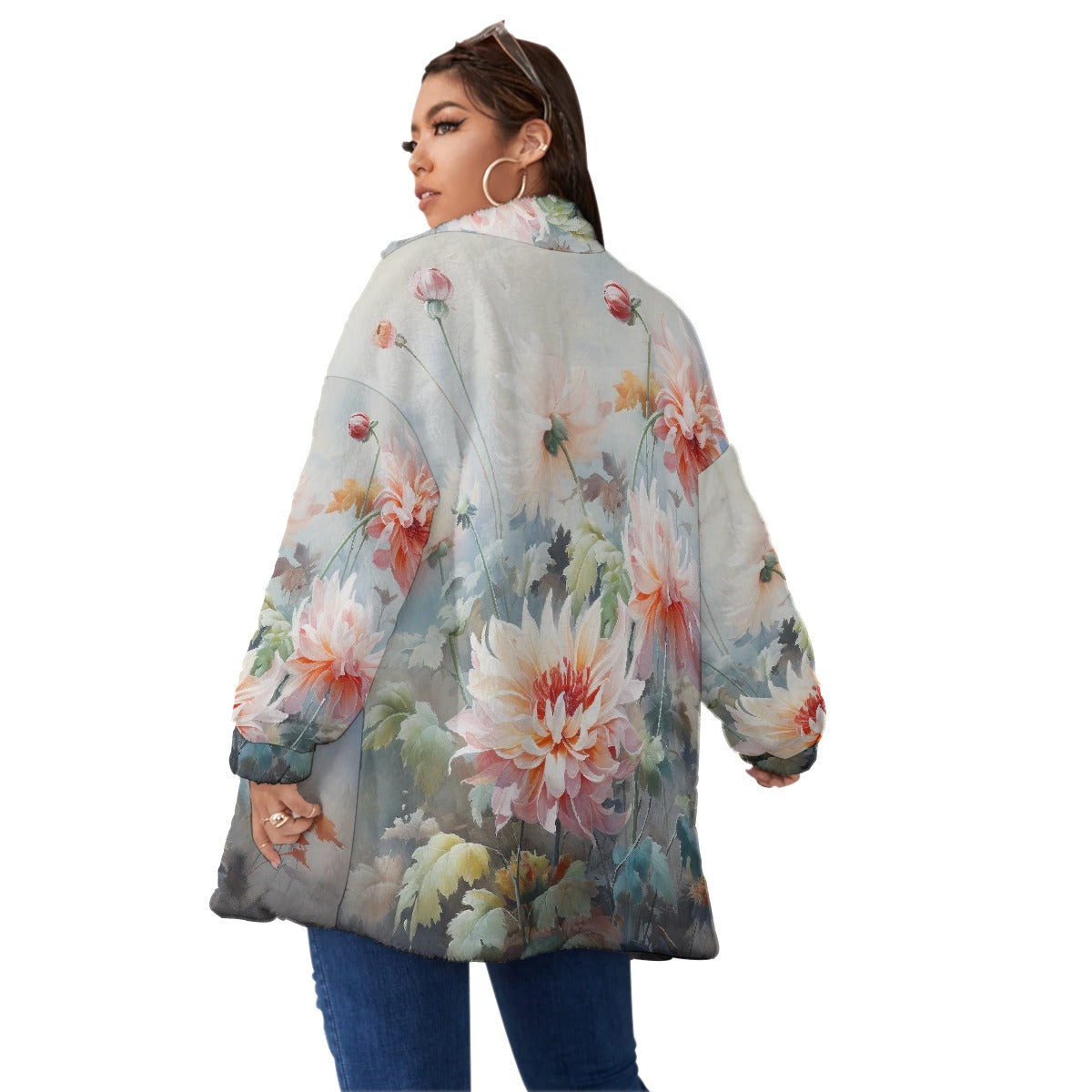 All-Over Print Unisex Borg Fleece Stand-up Collar Coat With Zipper Closure(Plus Size)