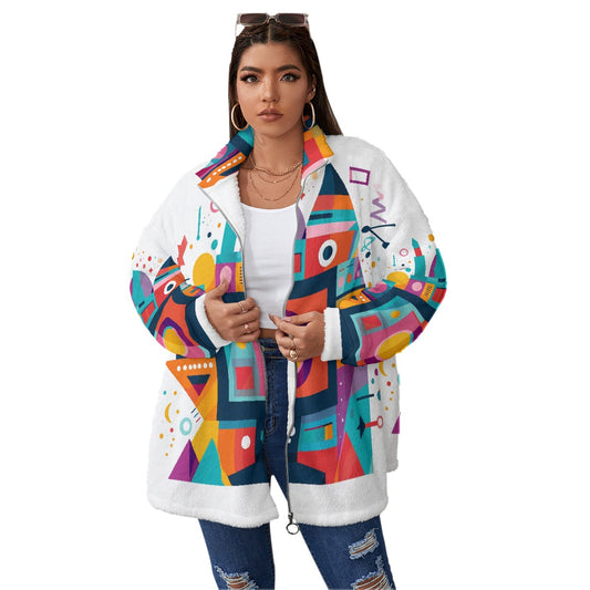 All-Over Print Unisex Borg Fleece Stand-up Collar Coat With Zipper Closure(Plus Size)