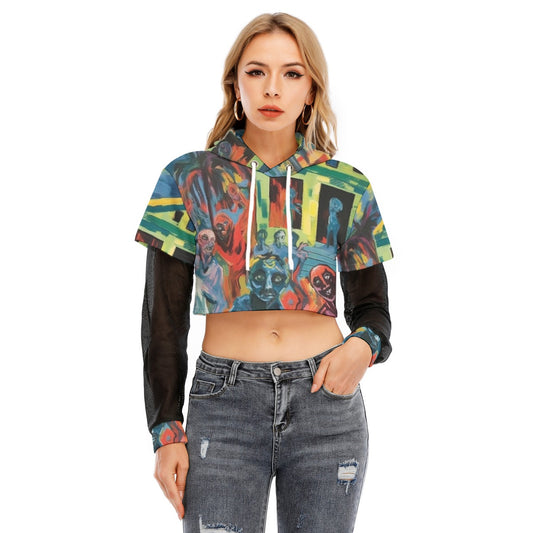 All-Over Print Women's Fake Two-piece Mesh Sleeve Cropped Hoodie