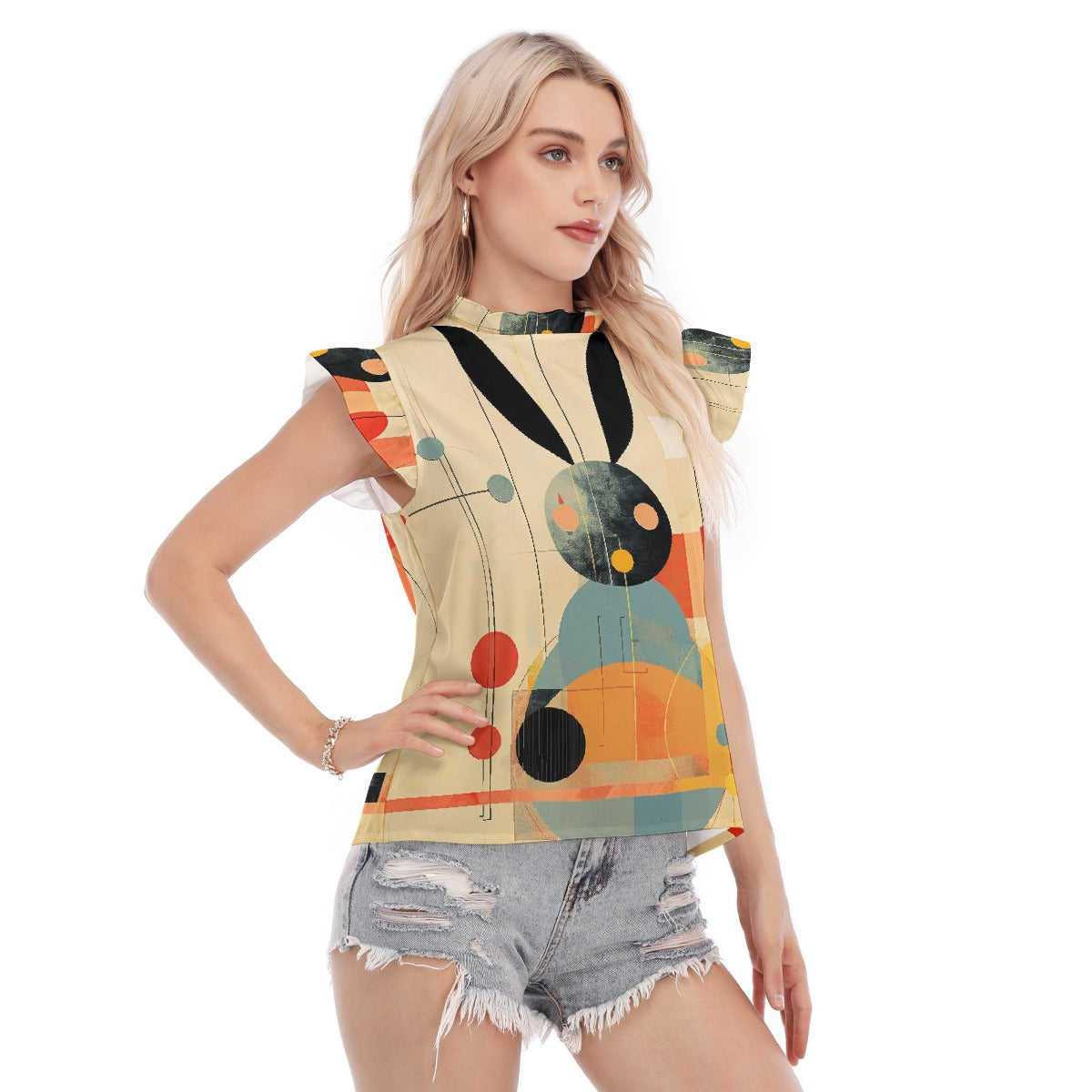 All-Over Print Women's Blouse With Ruffle Collar And Sleeve