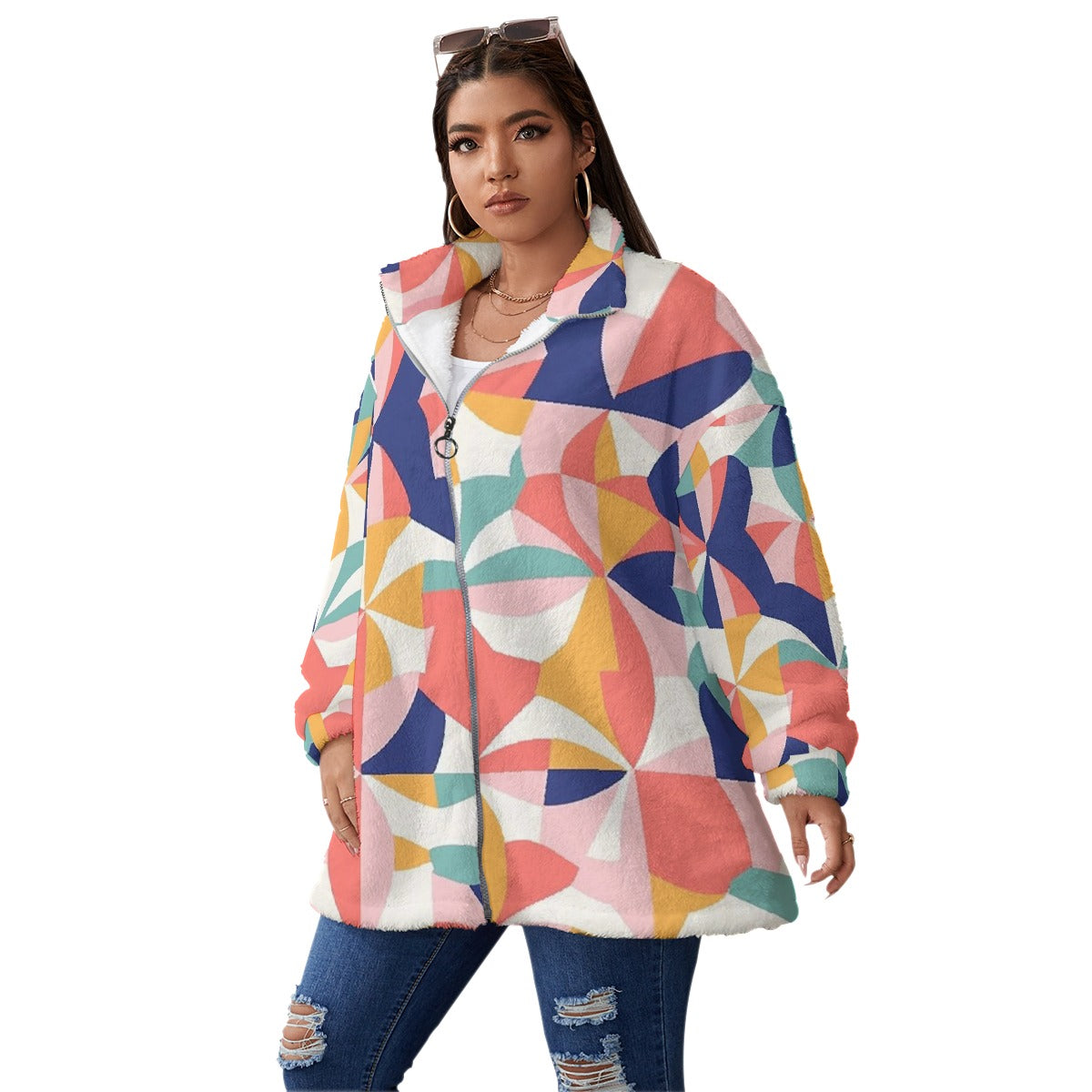 All-Over Print Unisex Borg Fleece Stand-up Collar Coat With Zipper Closure(Plus Size)