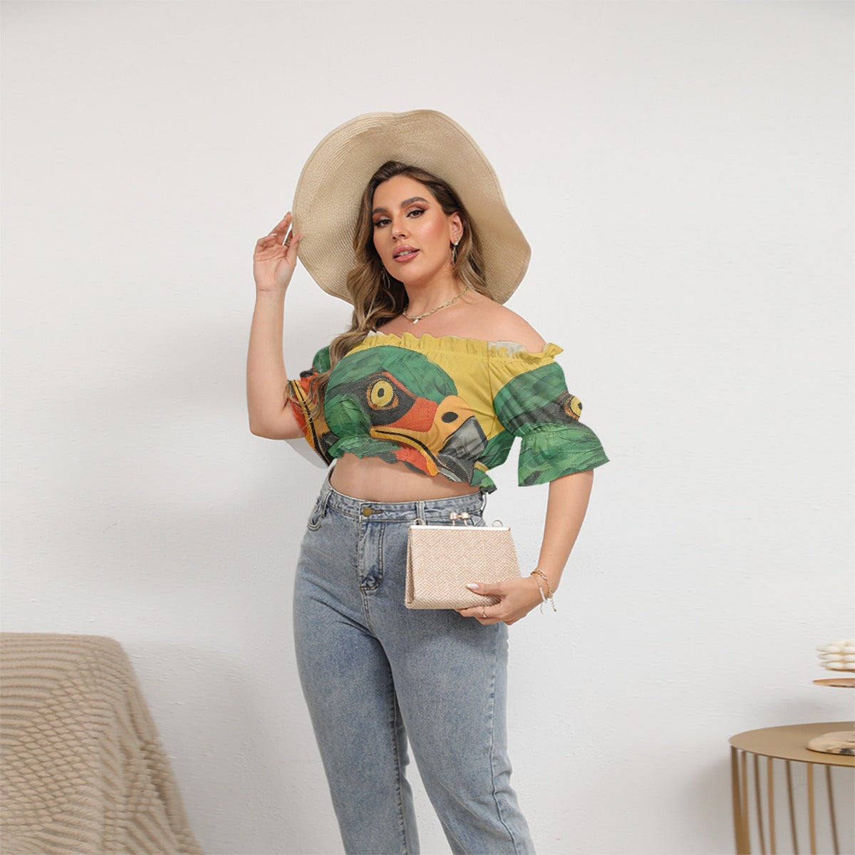 All-Over Print Women's Off-shoulder Cropped Top With Short Puff Sleeve