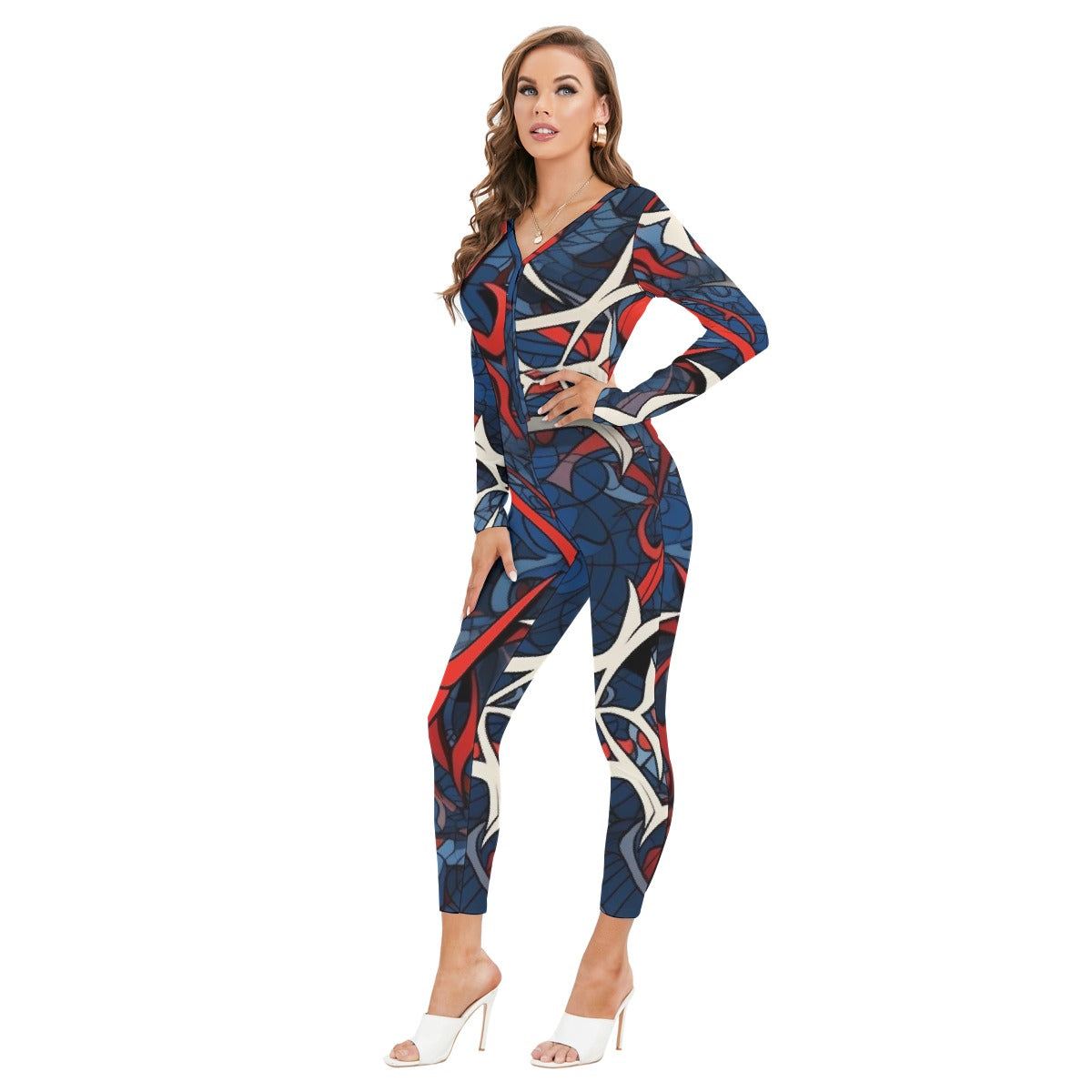 All-Over Print Women's Plunging Neck Jumpsuit