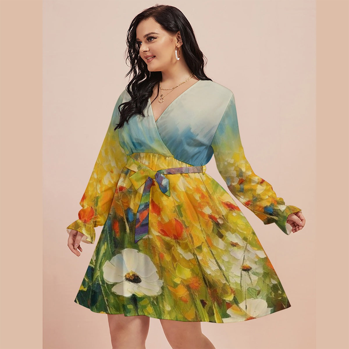 All-Over Print Women's V-neck Dress With Waistband(Plus Size)