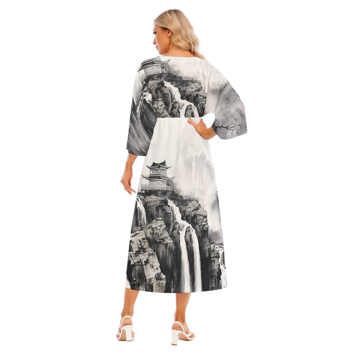 All-Over Print Women's Mid-Sleeve Long Dress
