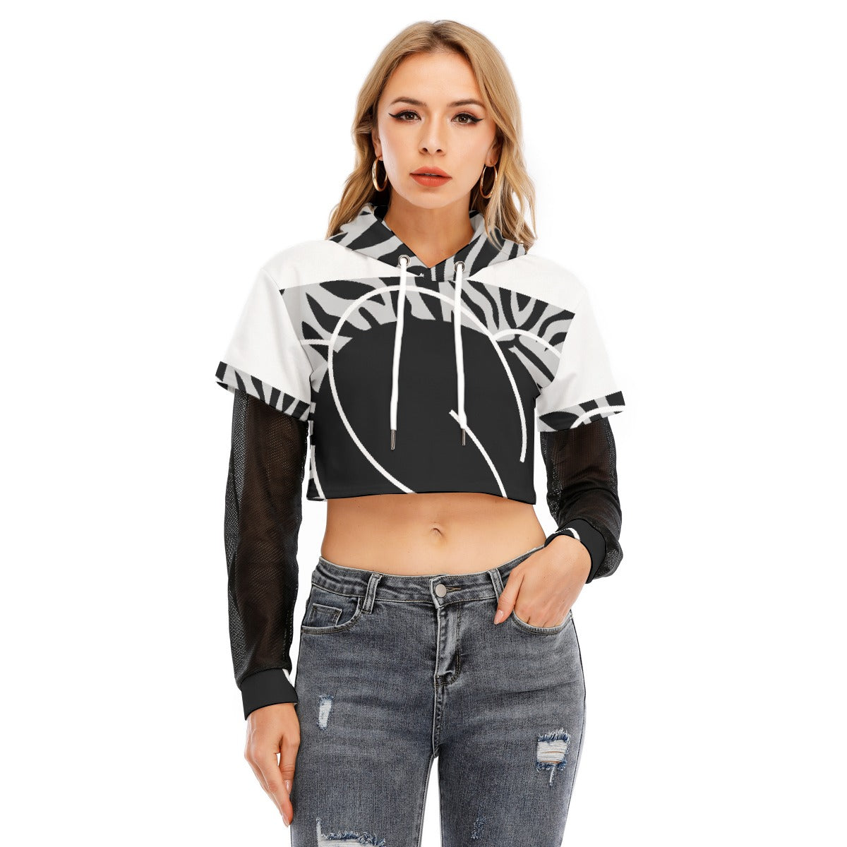 All-Over Print Women's Fake Two-piece Mesh Sleeve Cropped Hoodie