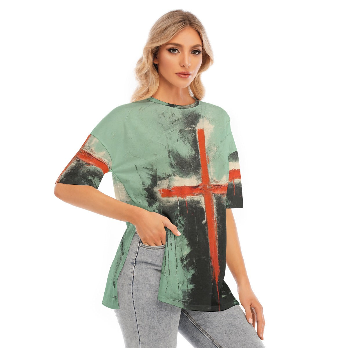 All-Over Print Women's Short Sleeves T-shirt With Hem Split