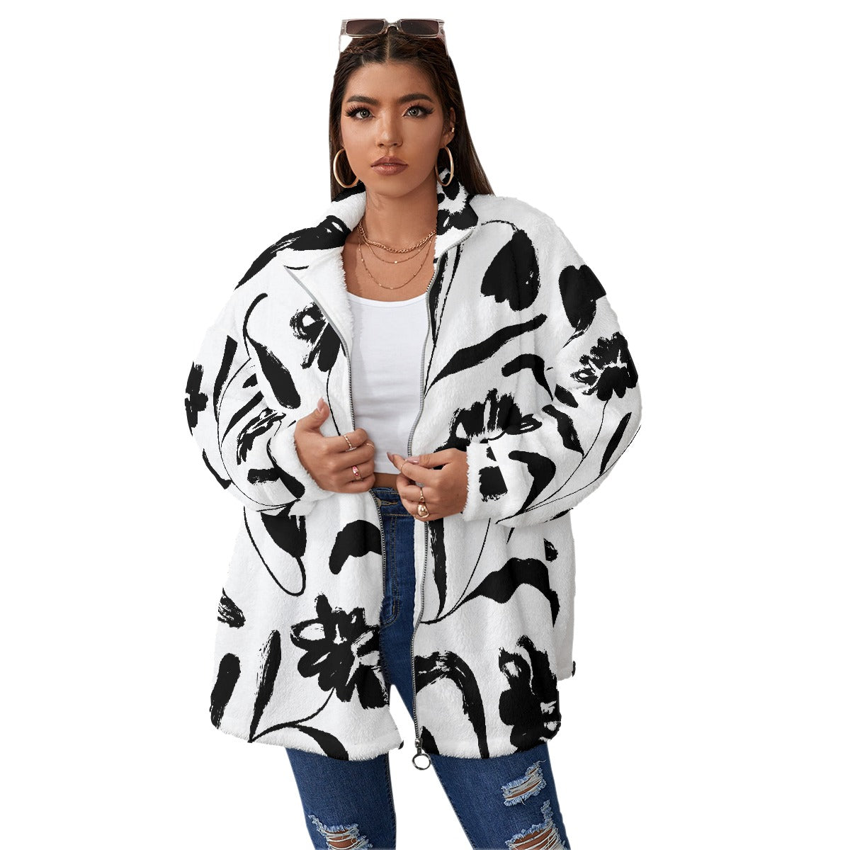All-Over Print Unisex Borg Fleece Stand-up Collar Coat With Zipper Closure(Plus Size)