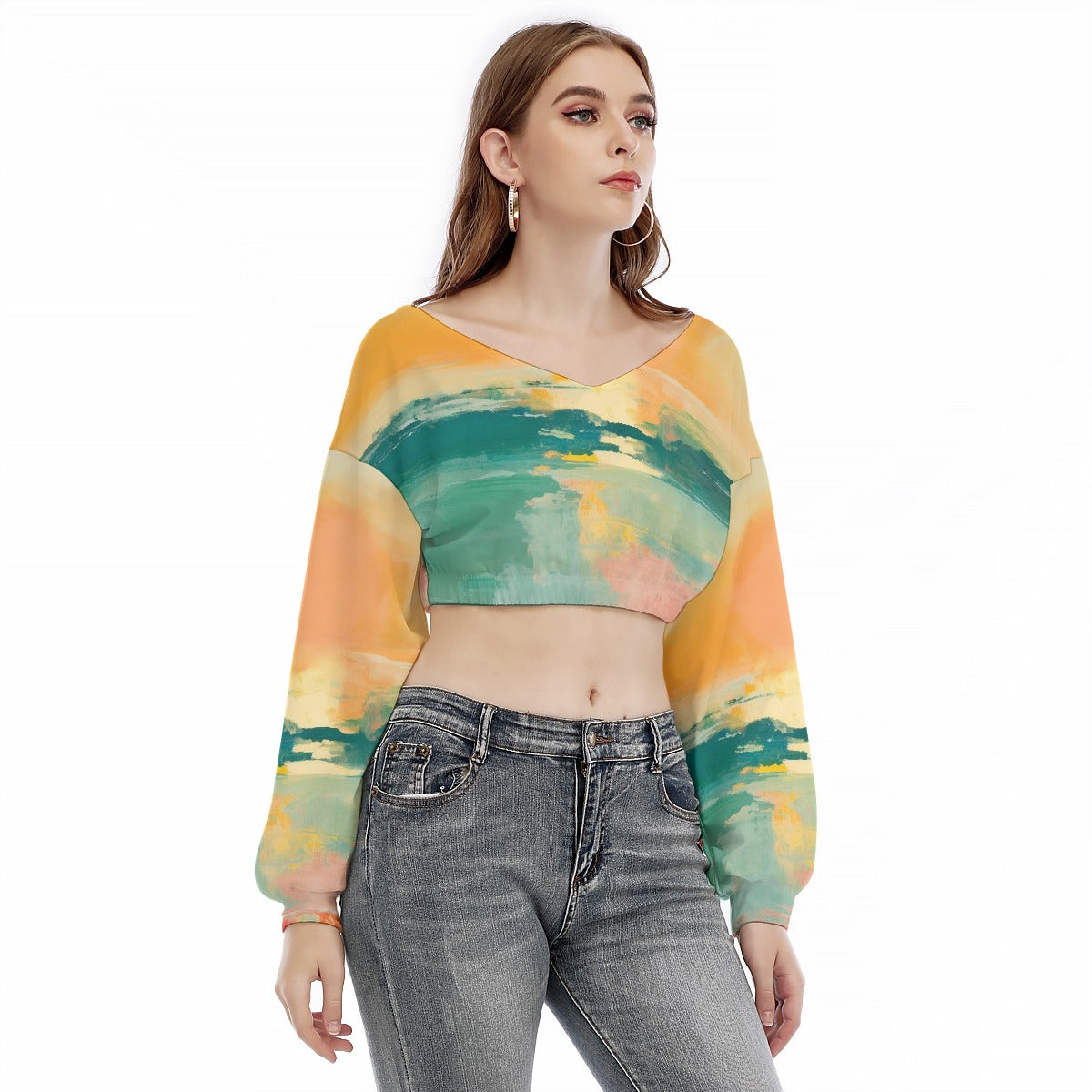 All-Over Print Women's V-neck Long Sleeve Cropped Sweatshirt