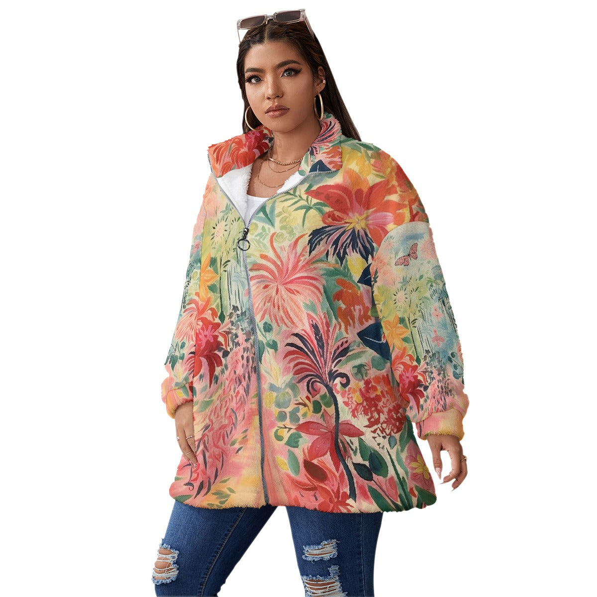 All-Over Print Unisex Borg Fleece Stand-up Collar Coat With Zipper Closure(Plus Size)