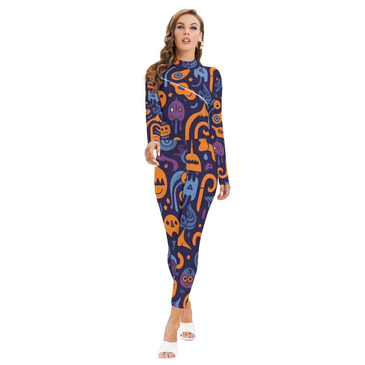 All-Over Print Women's Long-sleeved High-neck Jumpsuit With Zipper