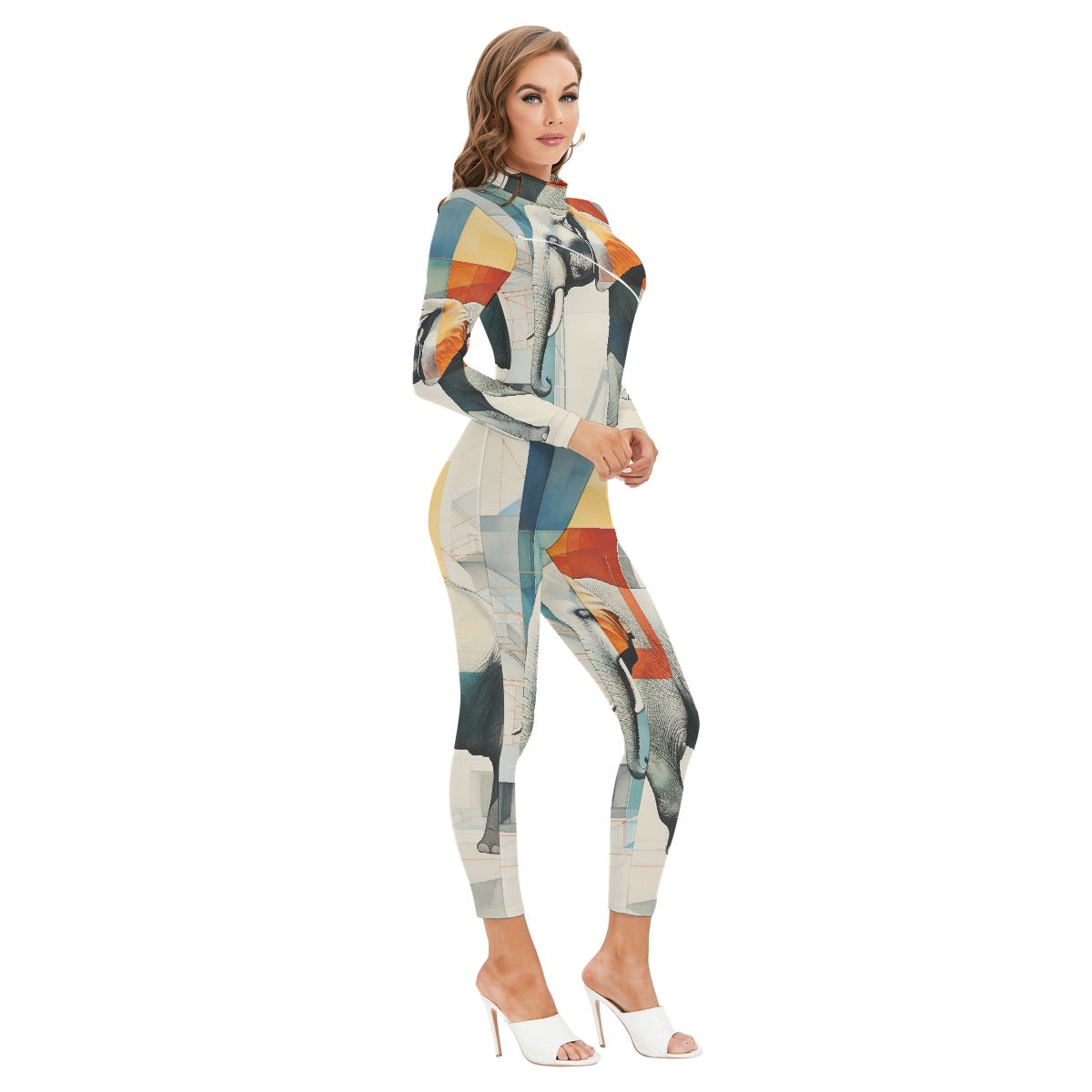 All-Over Print Women's Long-sleeved High-neck Jumpsuit With Zipper