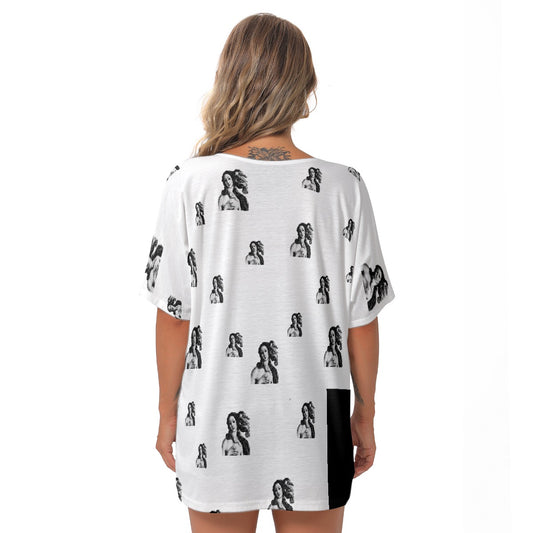 All-Over Print Women's Bat Sleeves V-Neck Blouse