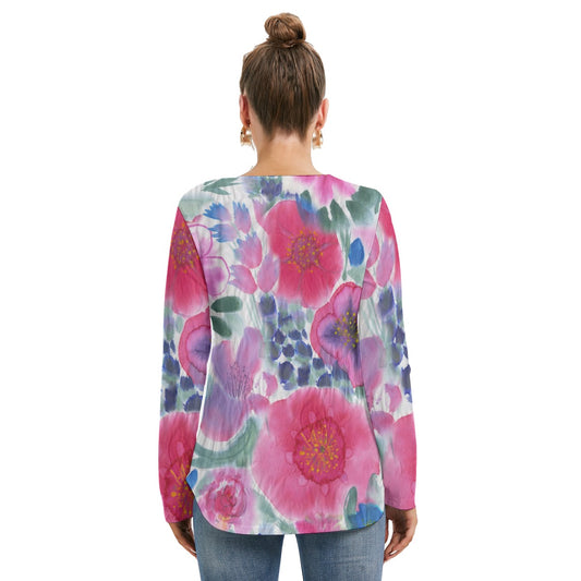 All-Over Print Women's Long Sleeve Neckline Tie Sweatshirt