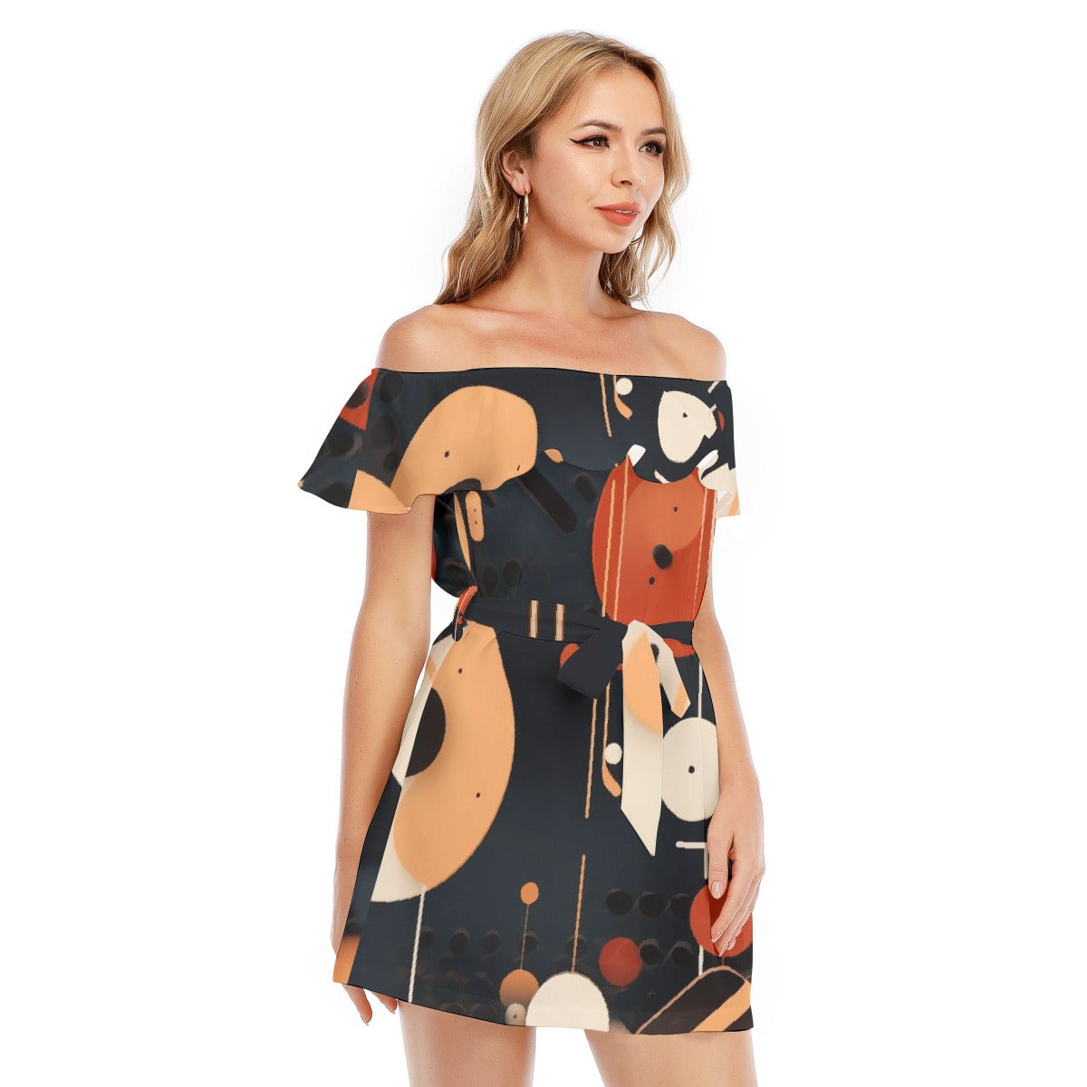 All-Over Print Women's Off-shoulder Dress With Ruffle