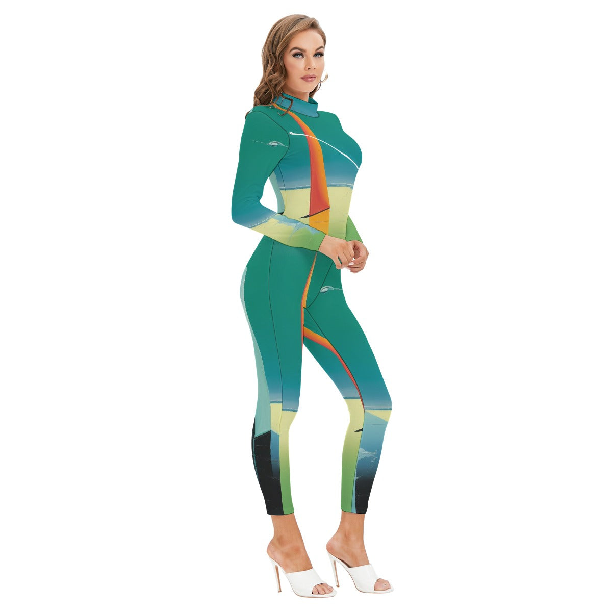 All-Over Print Women's Long-sleeved High-neck Jumpsuit With Zipper