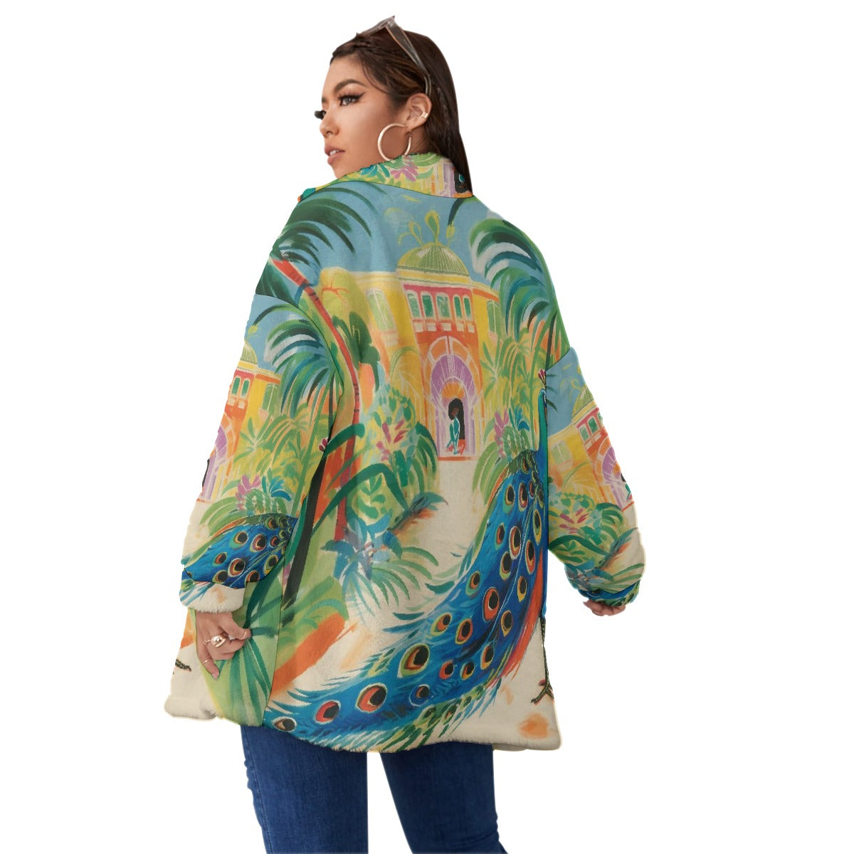 All-Over Print Unisex Borg Fleece Stand-up Collar Coat With Zipper Closure(Plus Size)