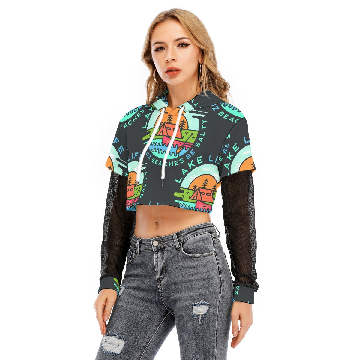 All-Over Print Women's Fake Two-piece Mesh Sleeve Cropped Hoodie